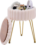 Wimarsbon Vanity Stool with Storage, Faux Fur Ottoman Chair with Metal Legs, Round Makeup Vanity Chair for Bedroom or Dressing Table, Modern Small Ottoman Seat (Champagne-1)