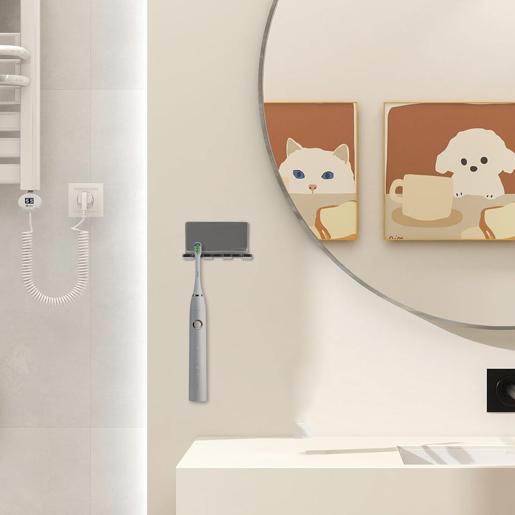 Self Adhesive Toothbrush Holders Wall Mounted, 3 Slots Electric Toothbrush Organizer for Shower, Multipurpose Rack Hanger for Power Plug, Razor, Key(Gray Clear)