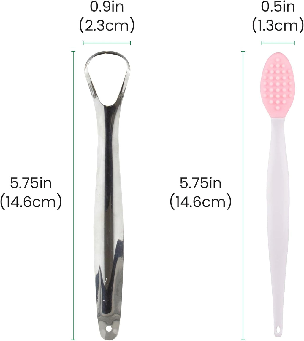Lindo Oral Care Duo Tongue Scraper and Lip Exfoliator for Adults (2 Pack), Reduce Bad Breath, Stainless Steel Tongue Scraper, Metal Tongue Cleaner, Tongue Scrubber, Softer Lips, Silicone Lip Brush