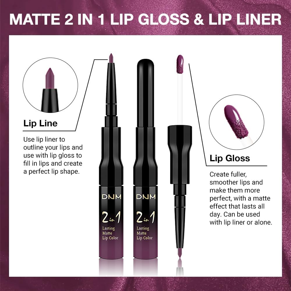 1Pcs 2 in 1 Dark Plum Purple Matte Lip Liner and Liquid Lipstick Stain Makeup Set for women, Purple Long Lasting Smudge Proof Lip Tint Matte Finish Lip Gloss for All-Day Color Hold Easy to Use 01#