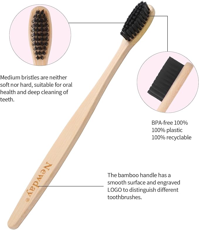 Newday 100 Pack Bamboo Toothbrushes Bulk, Individually Wrapped, BPA Free Soft Bristles Toothbrush, Recycled Packaging, Biodegradable ECO Friendly Toothbrushes for Home Hotel Travel (Black)