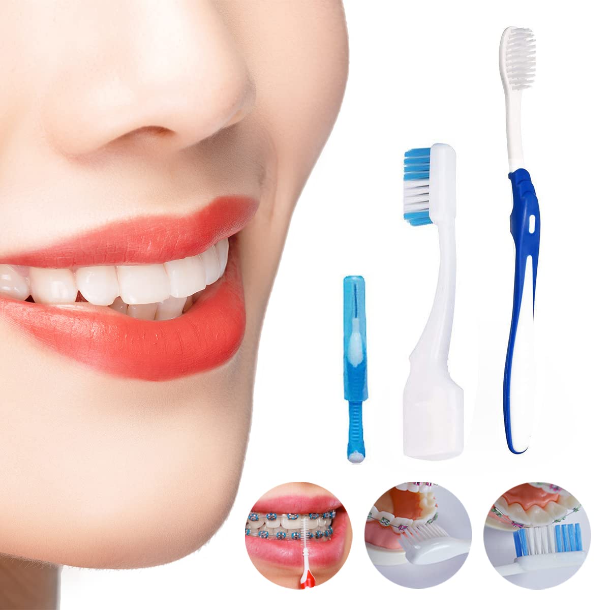 Braces Cleaning Kit for Teeth, Portable Orthodontic Toothbrush Kit Oral Care Dental Travel Kit - Interdental Brush Dental Wax Dental Floss Toothbrush Box (Blue)