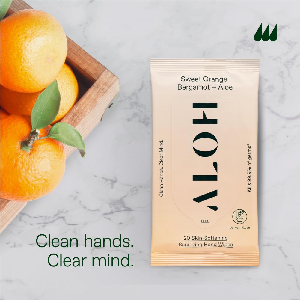 ALO ALŌH Sweet Orange Bergamot + Aloe Sanitizing Hand Wipes - Clean Hands, Clear Mind - On The Go Hand Sanitizer Wipes for Kids and Adults - (6 Pack, 20ct Wipes)