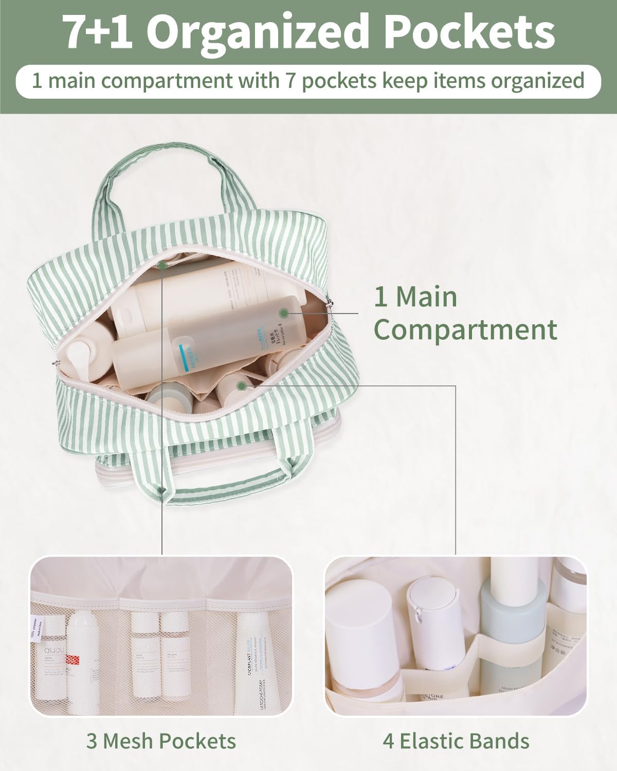 Narwey Large Travel Toiletry Bag for Traveling Women, Cosmetic Makeup Bag Make Up Organizer, Striped Travel Bag for Toiletries with Handle (Mint Green Stripe)