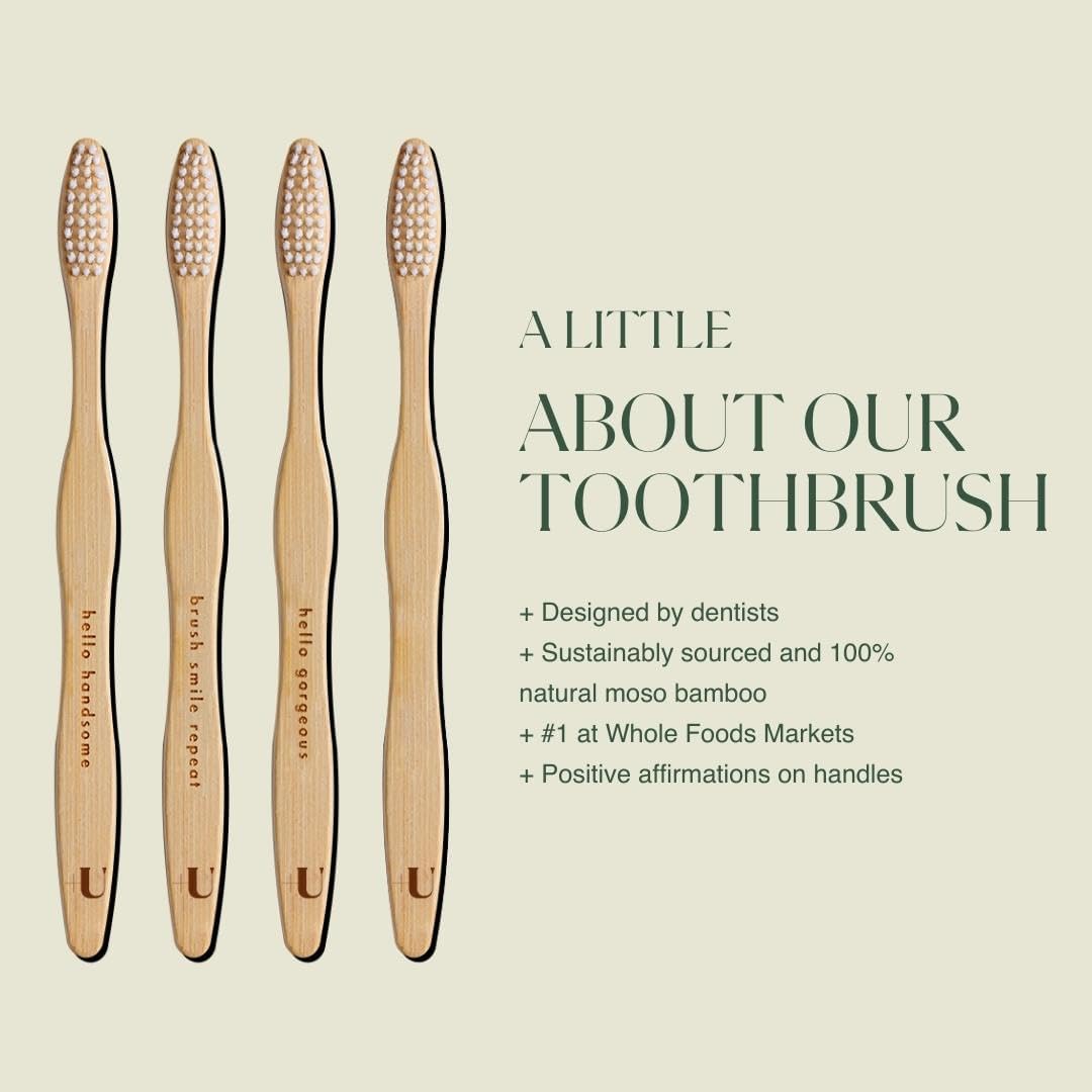 Biodegradable and Eco-Friendly Bamboo Toothbrush 4-Pack - BPA Free Soft Bristle - Dentist-Approved and All-Natural with Positive Affirmations Etched on Handles by Plus Ultra