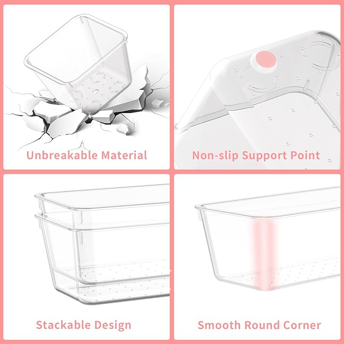 15 PCS Clear Plastic Drawer Organizer Set, 4 Sizes Versatile Bathroom Drawer Organization and Storage Trays, Non-Slip Desk Vanity Storage Bins for Makeup Jewelry Kitchen Utensil Gadget Office