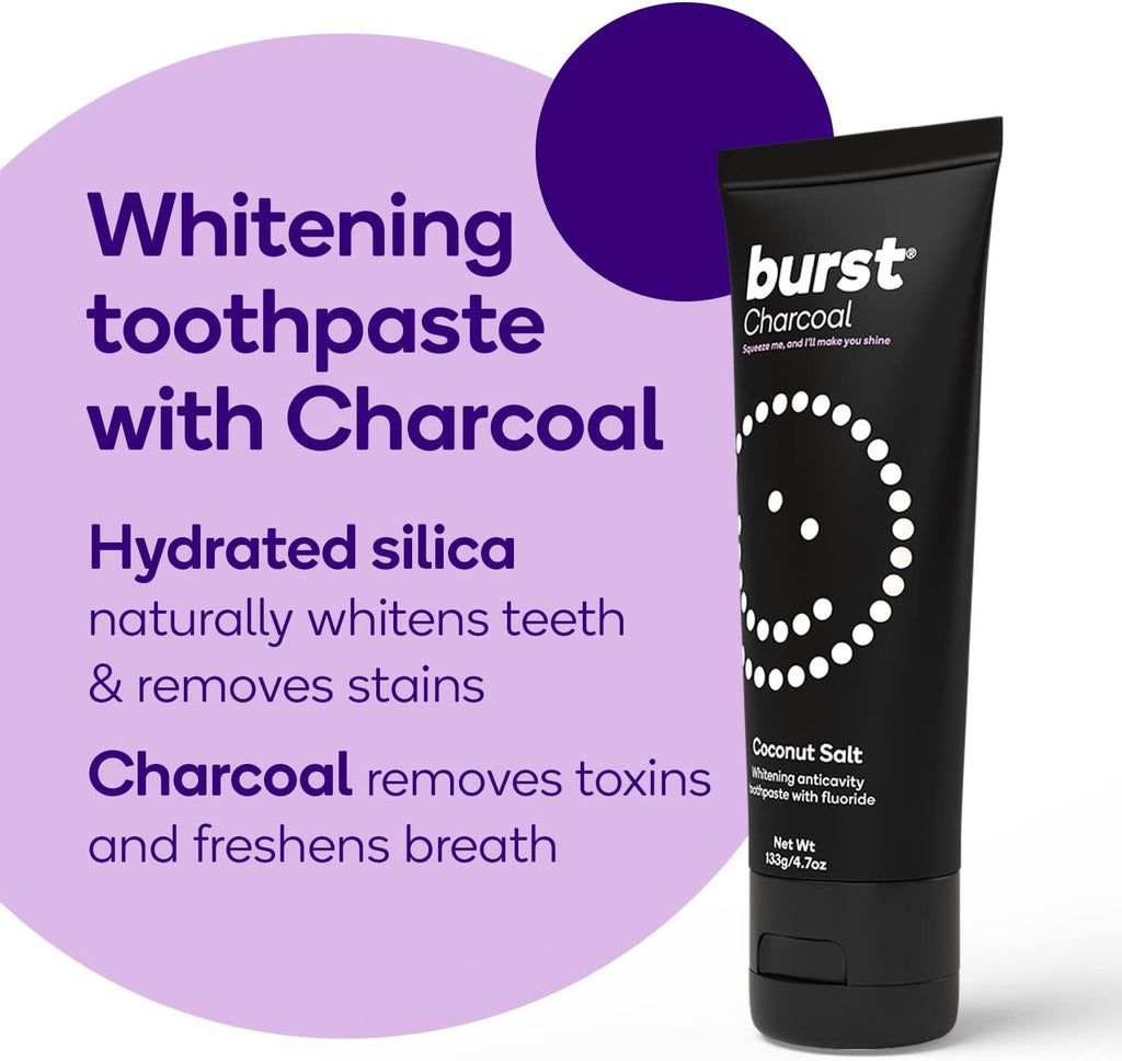 BURST Charcoal Whitening Toothpaste for Adults (4.7oz/2 Pack) | for Sensitive Teeth with Cavity Fighting Fluoride & Xylitol | Vegan | Gluten & SLS Free | Coconut Salt
