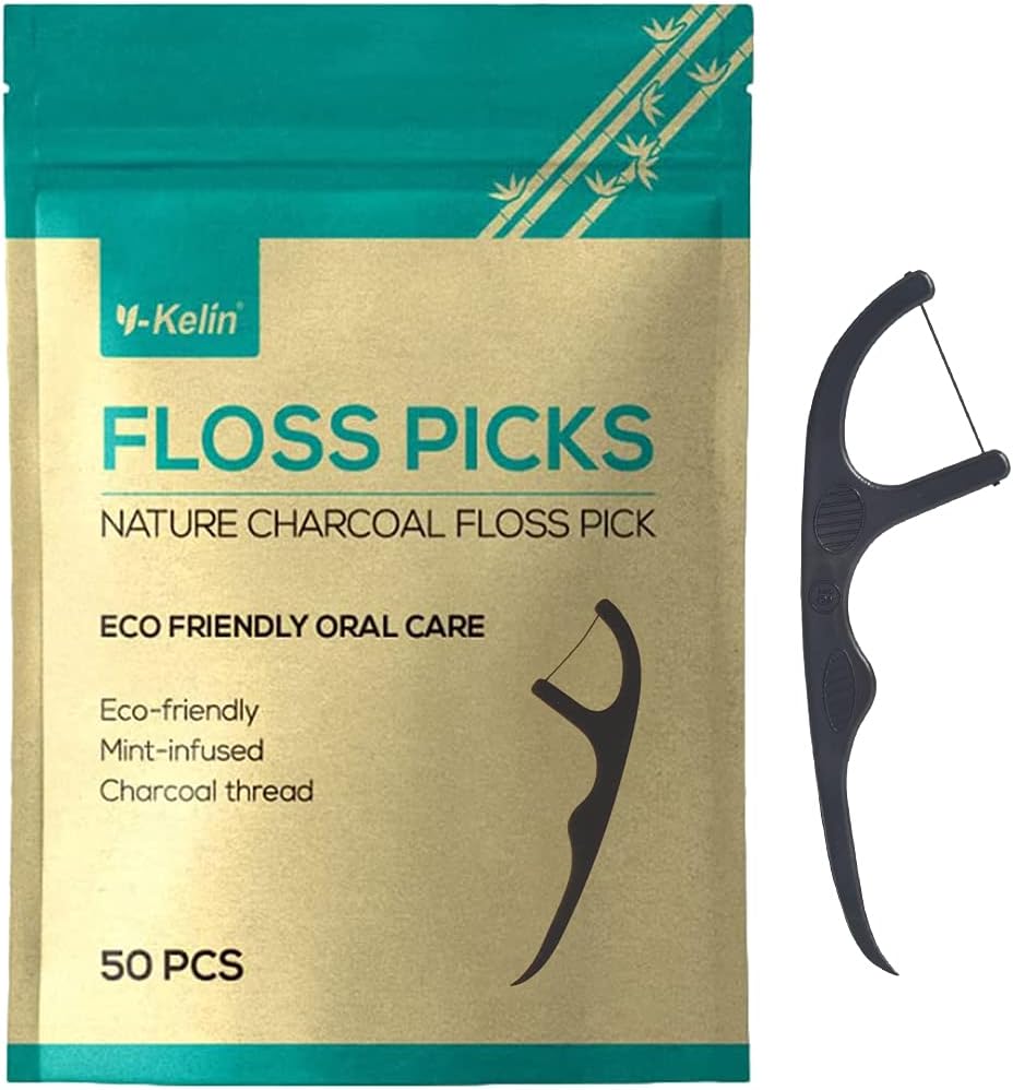 Y-Kelin Natural Dental Floss Picks - Vegan, Eco Friendly Black Bamboo Charcoal Dental Teeth Stick Tooth Pick Toothpick Flosser for Oral Care with a Fresh Feel Minty Flavor (100 Pcs)