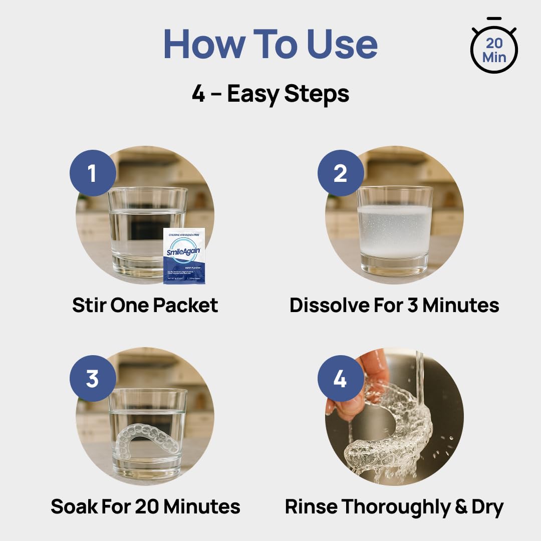 SmileAgain Retainer Cleaner - 180-220 Cleanings 22 Pack/6 Month Supply - for Clear Aligners, Dentures, Mouth Guards & Night Guards - Our Oral Appliance Cleaner & Denture Care Powder - Mint Flavored