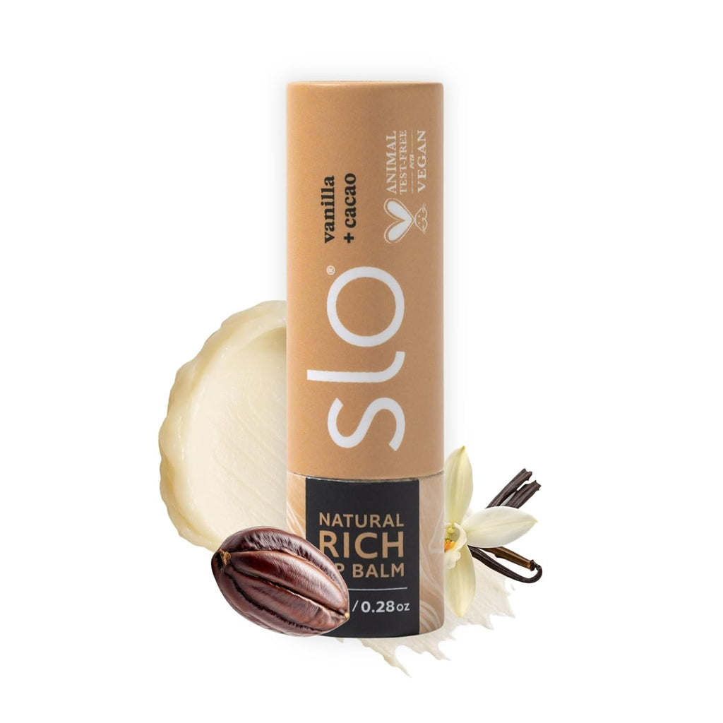 Slo | Natural Lip Balm - All Natural Ingredients, Vegan & Cruelty Free, Hydrating & Soothing, Plastic Free, Paper Packaging | Vanilla + Cacao, (0.28oz/8g)