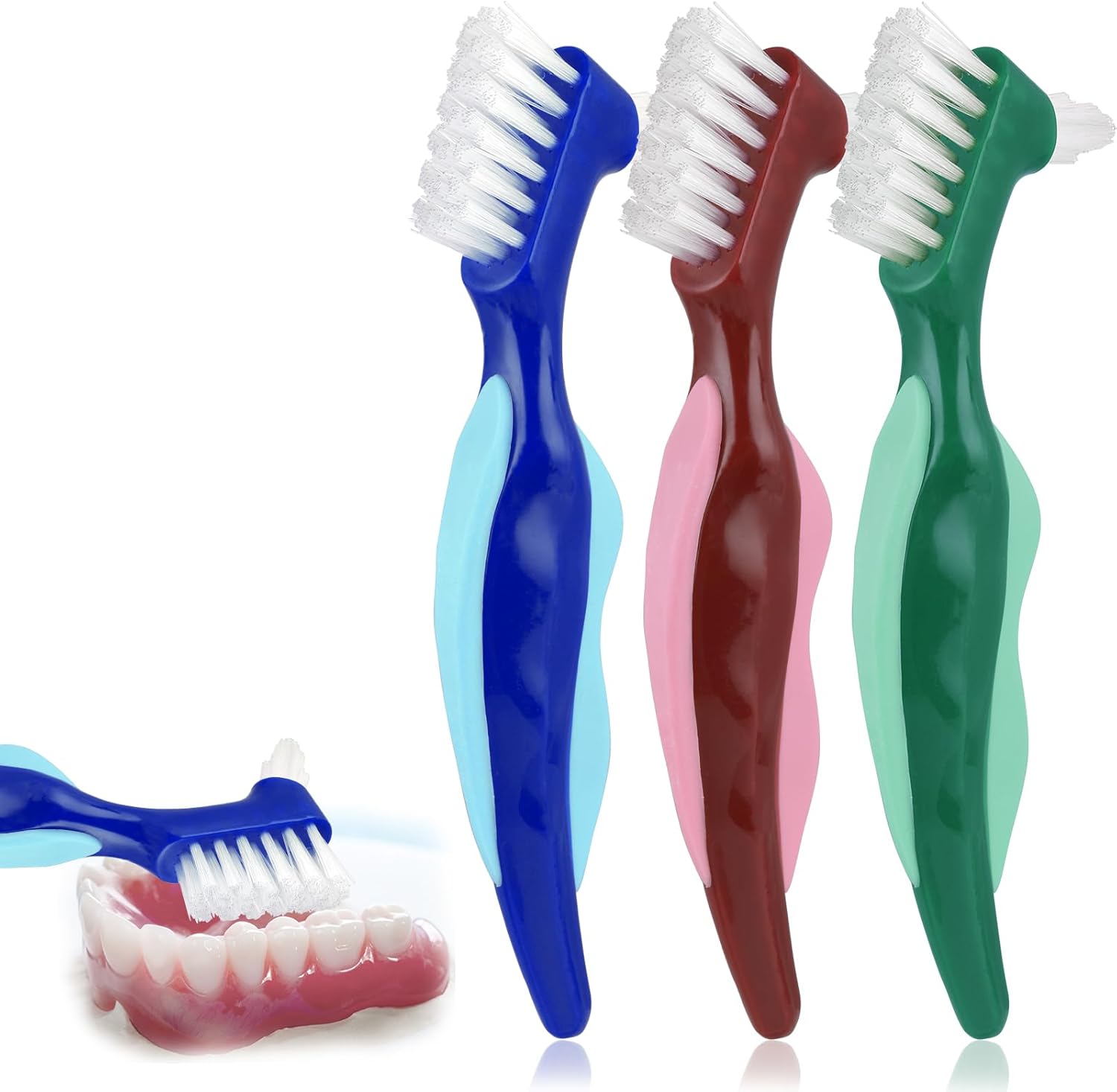 3 Pcs Hard Denture Brush, 3 Colors Premium Hygiene Denture Cleaning Brush for Denture Care, Double Sided Toothbrush with Multi-Layered Bristles & Rubber Anti-Slip Handle