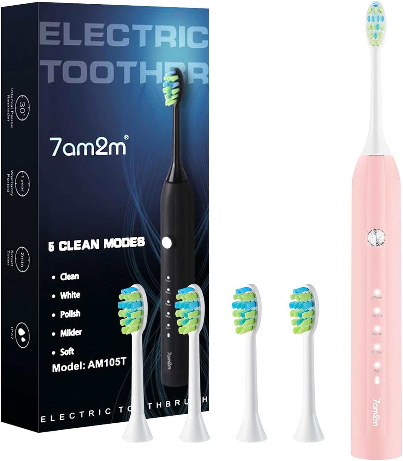 7AM2M Ultrasonic Electric Toothbrush for Adults and Kids, USB-C Rechargeable with 4 Brush Heads & 5 Modes, One Charge for 90 Days, 40000 VPM High-Powered, 2 Minutes Built-in Smart Timer, Pink