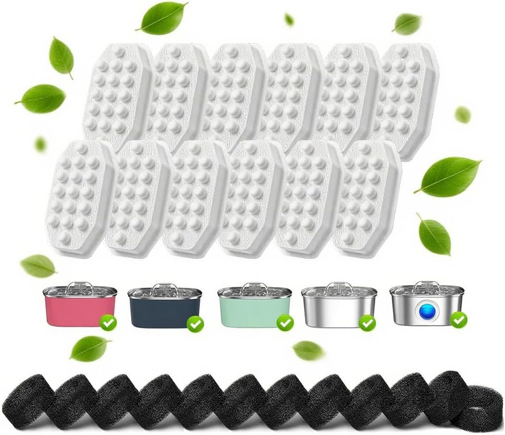 24 Pcs Cat Water Fountain Filters,12 Pack Cat Water Fountain Replacement Filters & 12 Pack Pre-Filter Sponges,Fountain Filter Replacement for Rellaty and Neareal 108oz/3.2L Pet Stainless Fountain