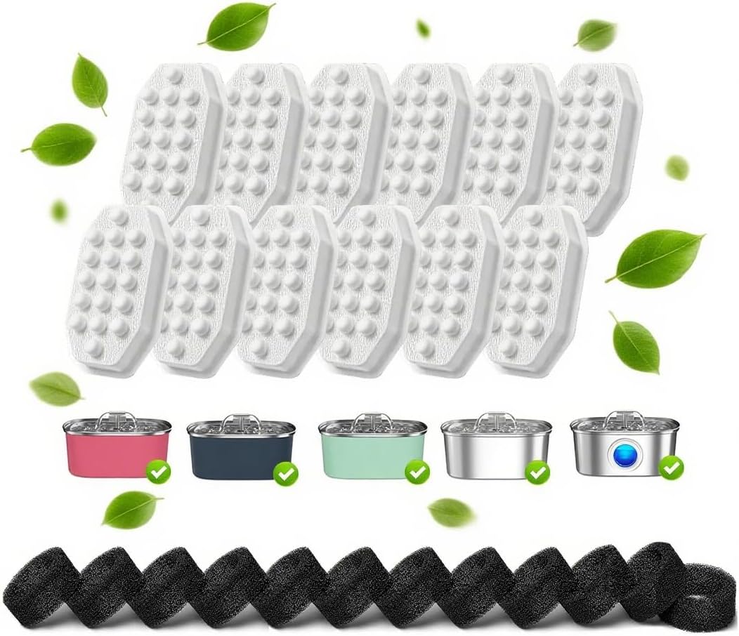 24 Pcs Cat Water Fountain Filters,12 Pack Cat Water Fountain Replacement Filters & 12 Pack Pre-Filter Sponges,Fountain Filter Replacement for Rellaty and Neareal 108oz/3.2L Pet Stainless Fountain