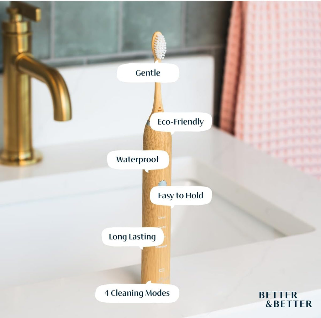 Better & Better Sonic Bamboo Electric Toothbrush for Adults | Rechargeable Electric Bamboo Toothbrush w/Plant-Based Bristles | Soft Brush Heads incl. | 4 Cleaning Modes & Long-Lasting Battery