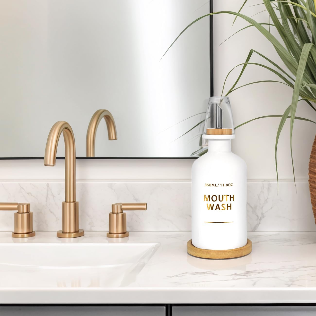 Mouthwash Dispenser for Bathroom 11.8oz – Glass Mouthwash Bottle with Cup & Bamboo Tray, Gold Hot-Stamped Lettering, Nordic Style Countertop Accessory, White Bathroom Accessories (White)