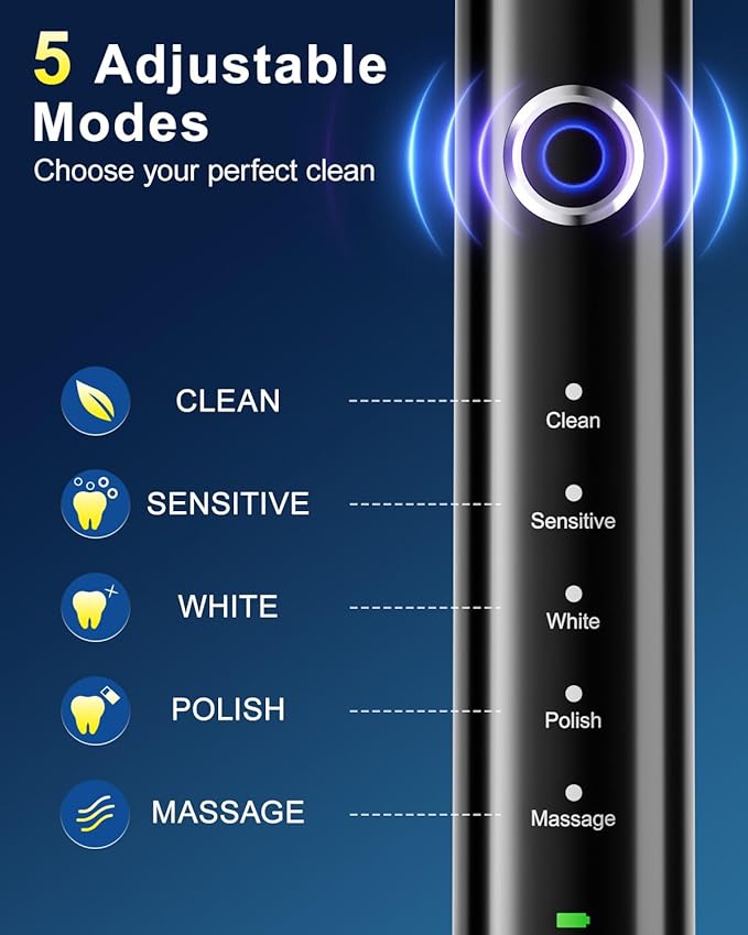 Rtauys Rotating Electric Toothbrush for Adults with 8 Brush Heads (2 Types), 5 Modes Rechargeable Power Toothbrush with Travel Case and 2 Minute Smrte Timer