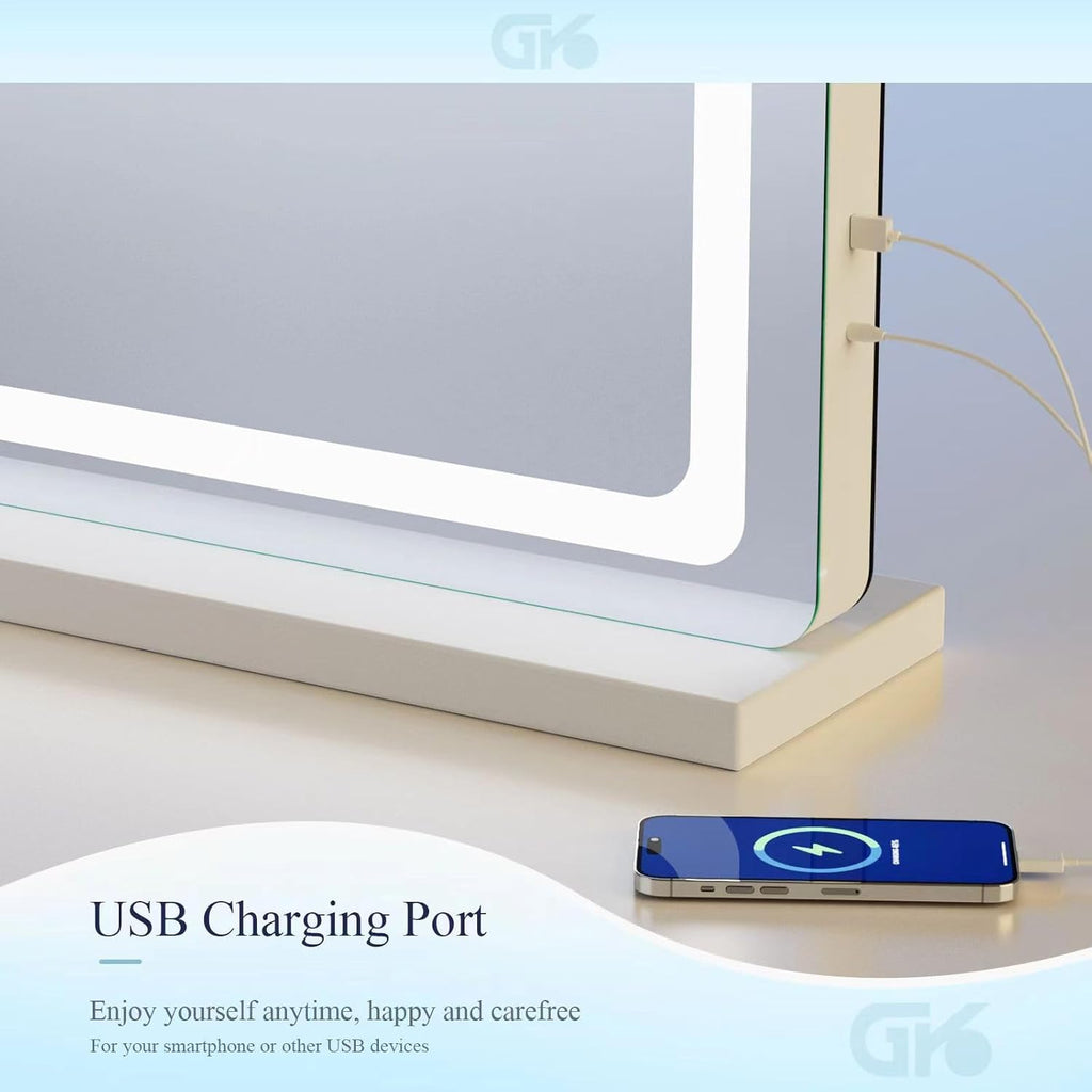 Makeup Vanity Mirror with USB Charging Port 28" x 22" Large LED Makeup Mirror, Desk Mirorr with Lights, Light up Mirror with 10X Magnification and, Dimmable 3 Modes, Touch Control White