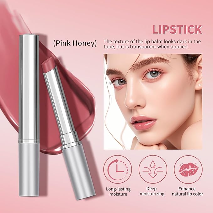 Tinted Lip Balm Lipstick, Hydrating Natural Glossy, Long-lasting Moisturizing & Nourishing Lip Care with Natural Ingredients Transparent Color (Pink, 0.07oz)
