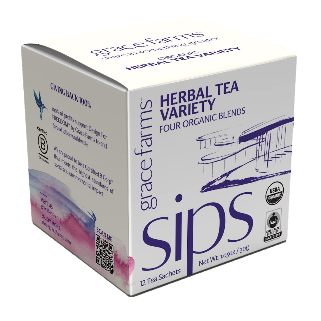 Grace Farms HERBAL TEA VARIETY Box (12 Enveloped Sachets) | 4 Naturally Sweet, Caffeine Free Flavors | Chamomile Citrus, Hibiscus Orange, Spearmint Rose, & Rooibos Chai | Organic, Fair Trade & Kosher | Gives Back 100% of Profits