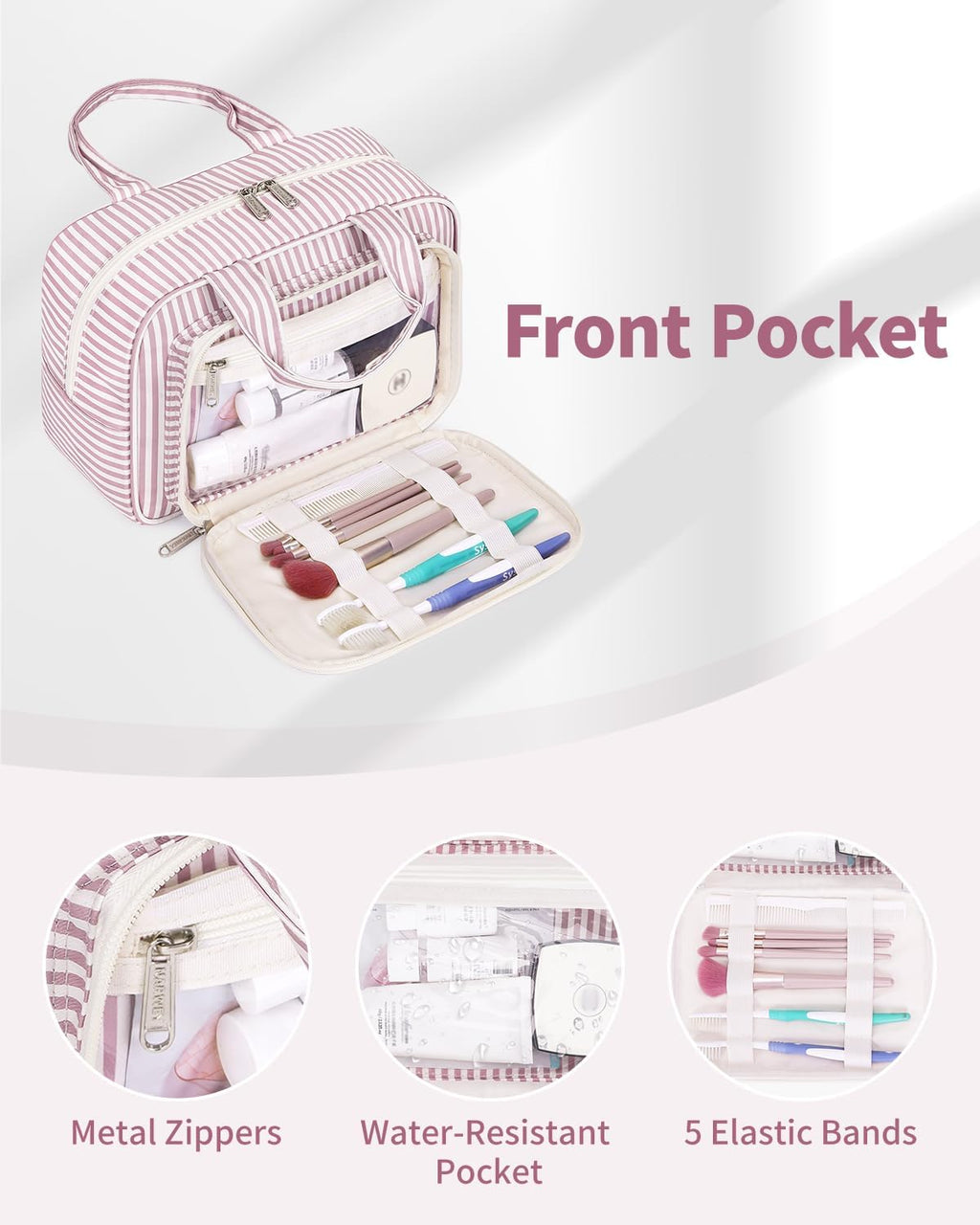 Narwey Large Travel Toiletry Bag for Traveling Women, Cosmetic Makeup Bag Make Up Organizer, Striped Travel Bag for Toiletries with Handle (Dusty Rose Stripe)