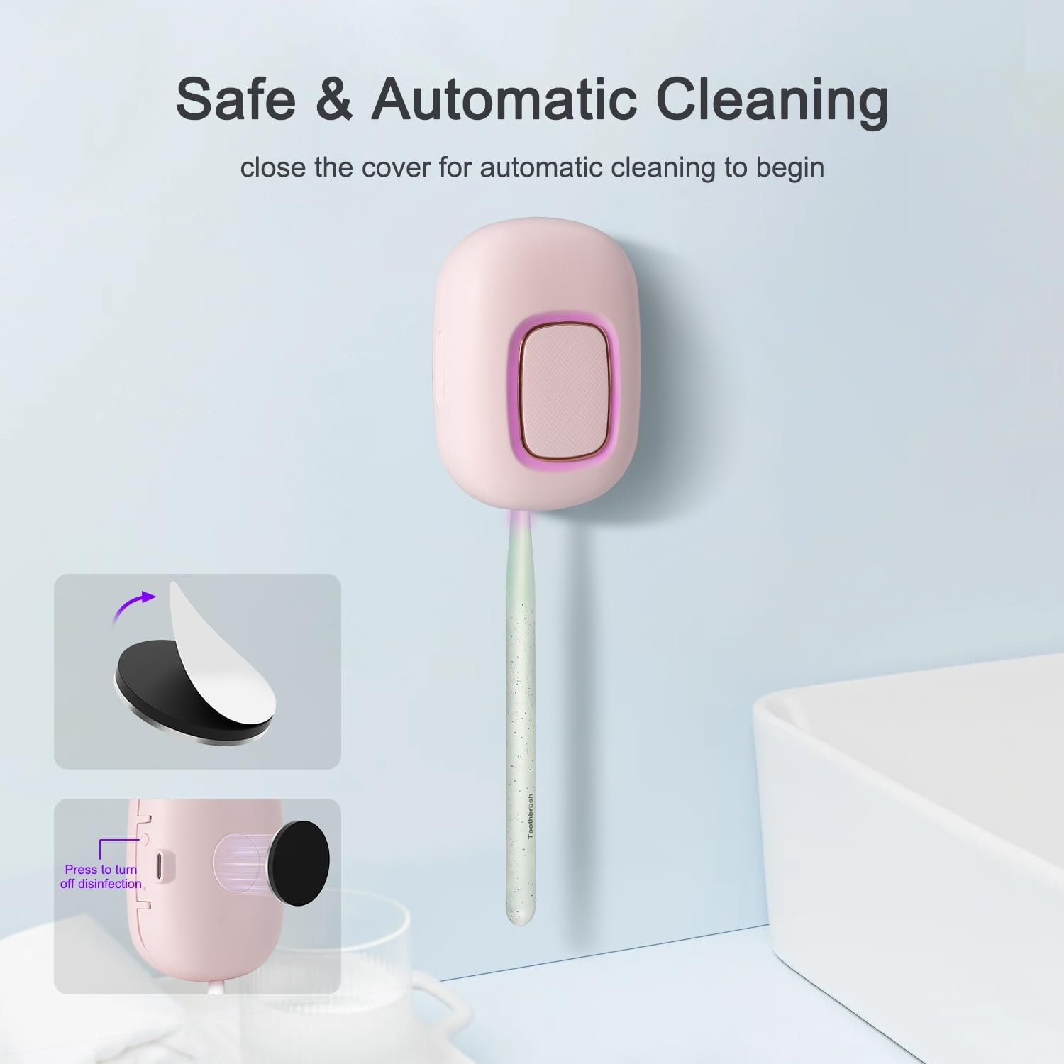 Toothbrush Holder, Toothbrush Cleaner Case, Portable USB Charging Toothbrush Cover with U V-C Light, Travel Toothbrush Holder (Pink-Fan-Heat)
