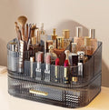 Makeup Organizer with Drawers and 360° Rotating Brush Holder, Large Capacity Cosmetic Storage for Vanity, Skincare, Perfume, Hair Accessories, Lipstick & Jewelry (Transparent Gray, 2-layer)