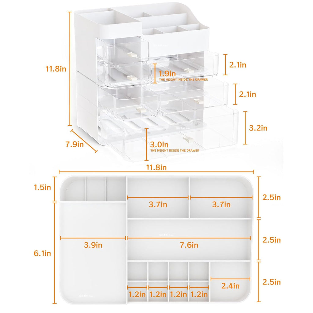White Countertop Makeup Organizer with 6 Drawers,Large Capacity Skincare Organizers for Vanity,Desk,Dresser,Plastic Bathroom Counter Organizer for Beauty,Skin Care,Perfume,Make up Brush Organization