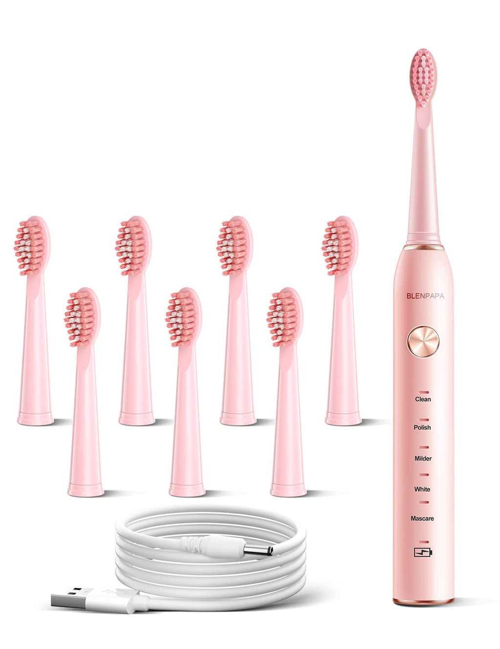 Electric Toothbrush for Adults, 5 Modes, 38,000 VPM Rechargeable, Dupont Brush Heads, Travel-Friendly, 1 Handle, Pink