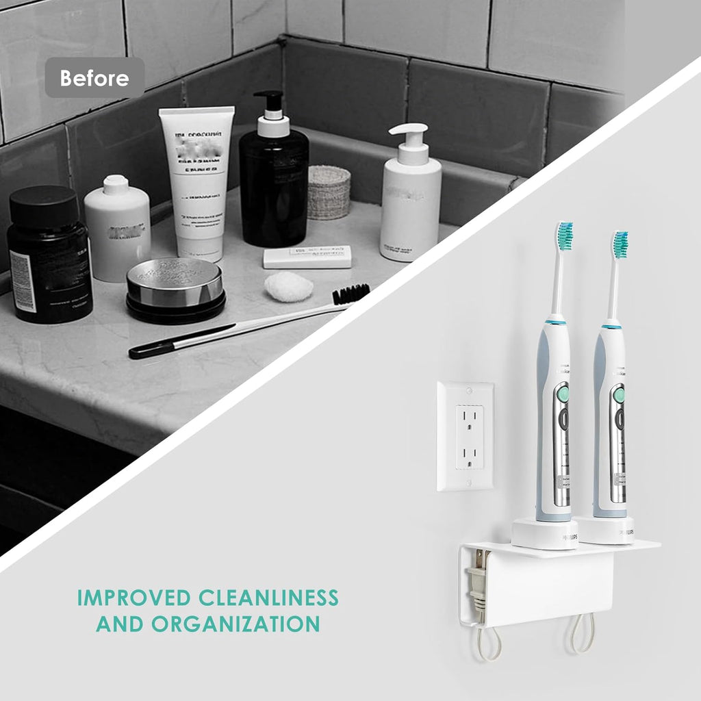 Modern Acrylic Wall Mounted Electric Toothbrush Holder with Hidden Cable Management - Space-Saving Bathroom Organizer for Shower-Safe, Waterproof Adhesive Mount No Drill-White