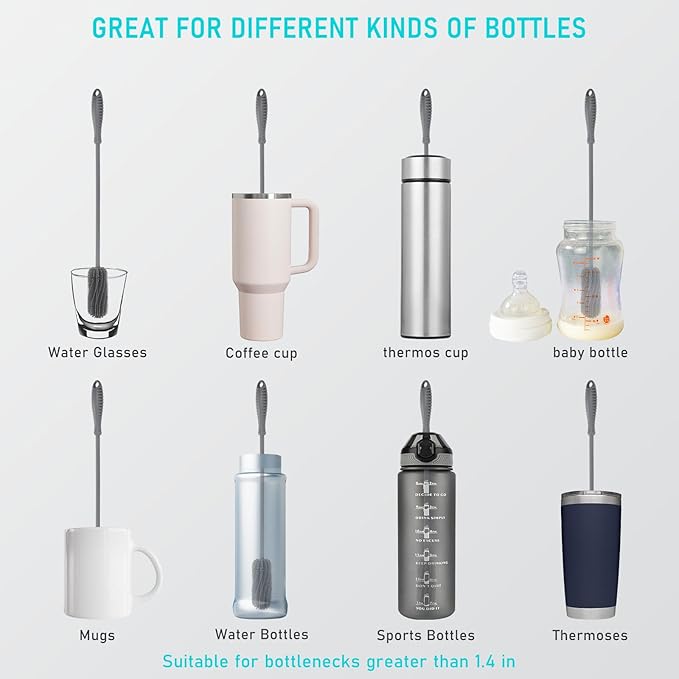15.7" Silicone Bottle Brush, ddLUCK Water Bottle Cleaner Brush for Stanley, Hydroflasks, Glass, Thermos Sports Bottle, Vase and Glassware, Bottle Brush Cleaner for Small Narrow Neck Containers (Gray)