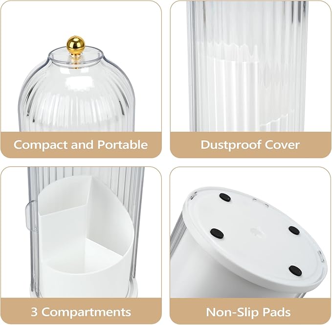 Toothbrush Holder with Cover, 360 Rotating Dust-proof Toothbrush Holder 3 Slots Rotating Makeup Brush Holder for Vanity Bathroom Countertop Organizer (Transparent)