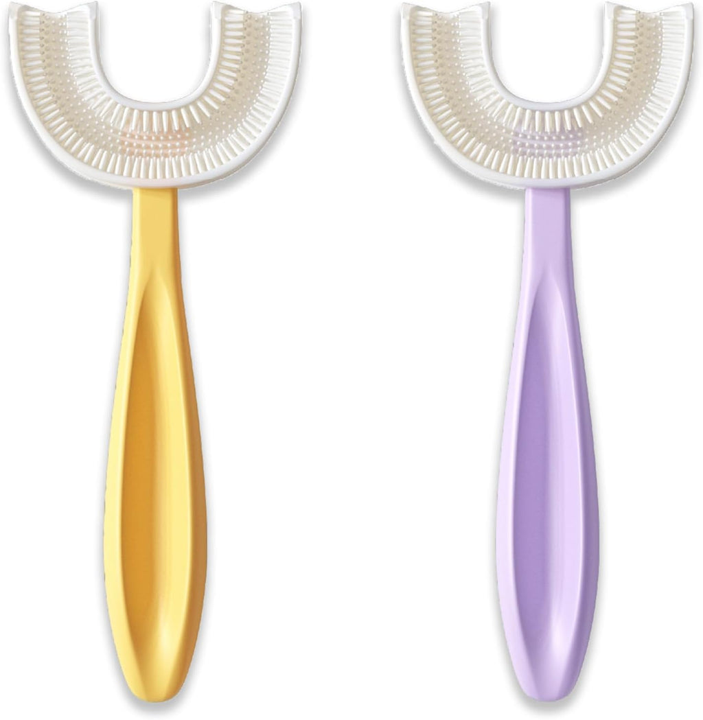 U Shaped Toothbrush Kids 6-12 Years Old- Two Premium Soft Toothbrushes Come with Travel Case & - Rounded Tooth Brushes Kids Size Head Makes Brushing Fun & Easy - 1 Purple, 1 Yellow