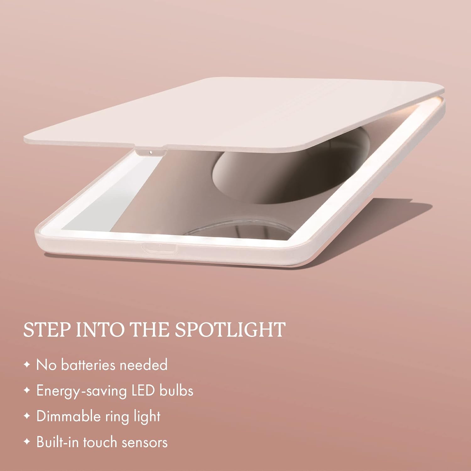 Vanity Planet Handheld Makeup Mirror with Lights, Mini Pose 2.0 (Blush) - Travel LED Mirror with 3X & 5X Magnification - Dimmable Lighting & Micro-USB Rechargeable Lighted Compact Mirror