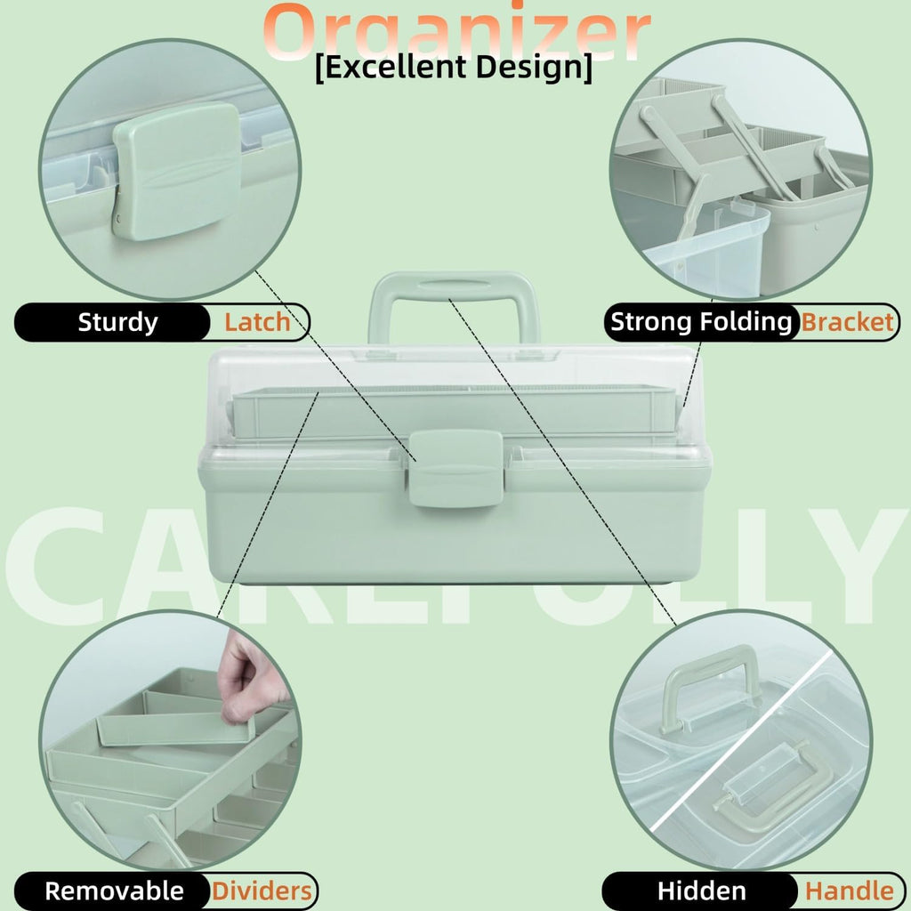 12.5in 3-Layer Multipurpose Craft Organizers and Storage with Adjustable Dividers, Portable Tackle Box, Folding Art & Craft Case for Medicine, Tool, Sewing Organizer (Haze Green)