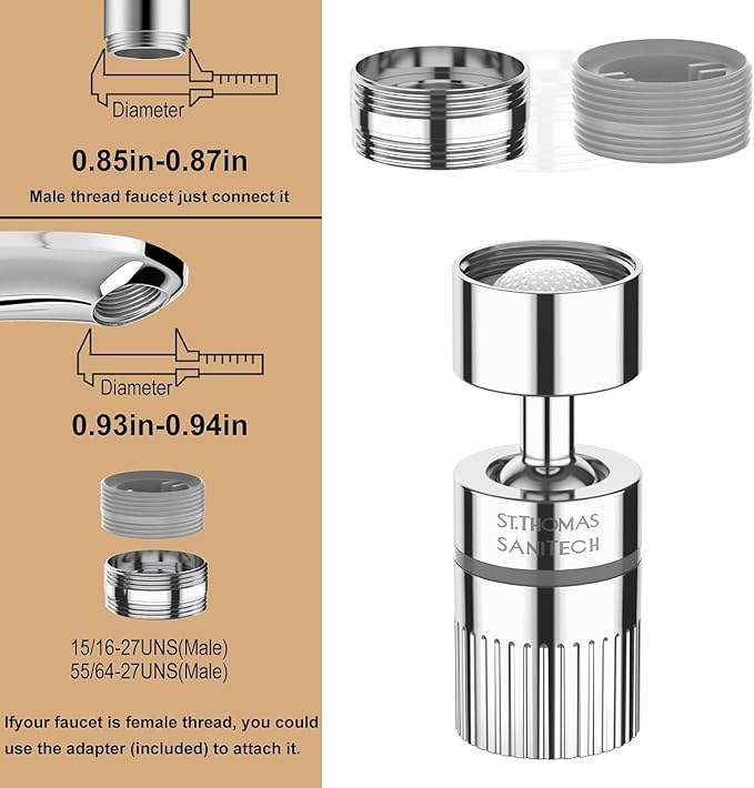 2PC ST.THOMAS Swivel Faucet Aerator,2-function Faucet Nozzle,360° Big Angle Rotate kitchen faucet head replacement,Faucet Extender for Kitchen 55/64 inch Female Thread,Kitchen Sink Aerator