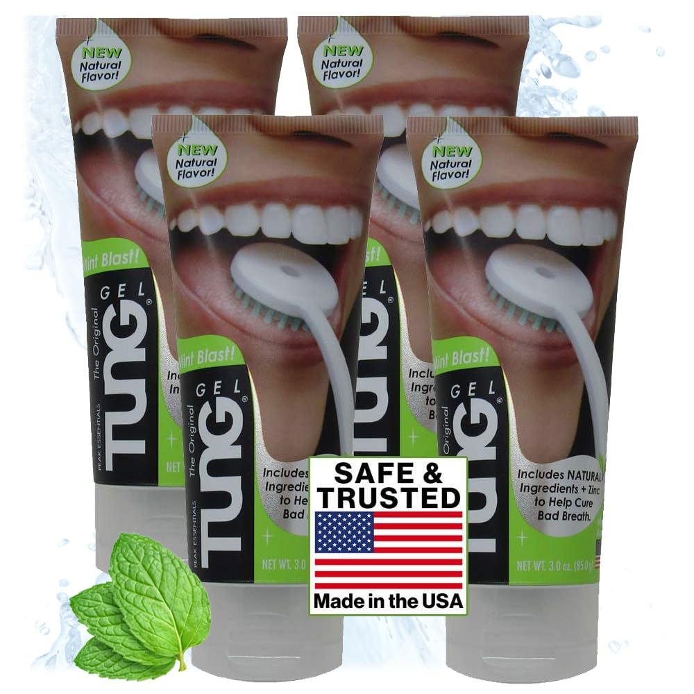 Tung Tongue Gel, Natural Mint Blast Tongue Cleaner Paste, Bad Breath Odor Eliminator, Halitosis Defense, BPA Free, USA Made (4-Pack)