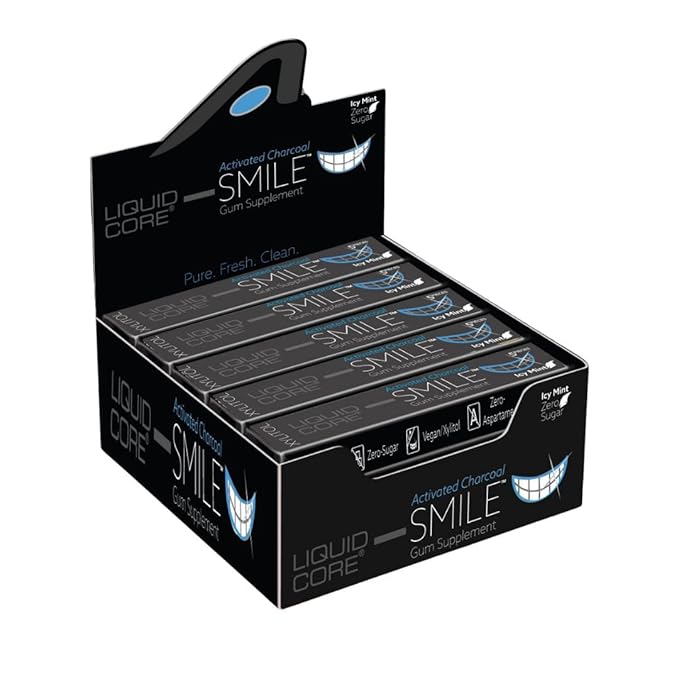 Liquid Core Smile Activated Charcoal Gum with MCT Oil, Hydroxyapatite, and Xylitol – Teeth Cleaning Gum, Icy Mint Sugar-Free Gum (15 Pack)