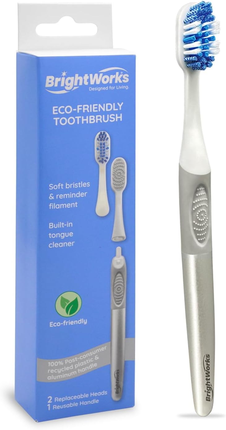 BrightWorks Toothbrush with Replaceable Heads - ECO-Friendly 100% PCR Handle with Aluminum Core, Soft Bristle Whitening Manual Toothbrush, Whole Mouth Cleaner (1 Handle + 2 Brush Heads)
