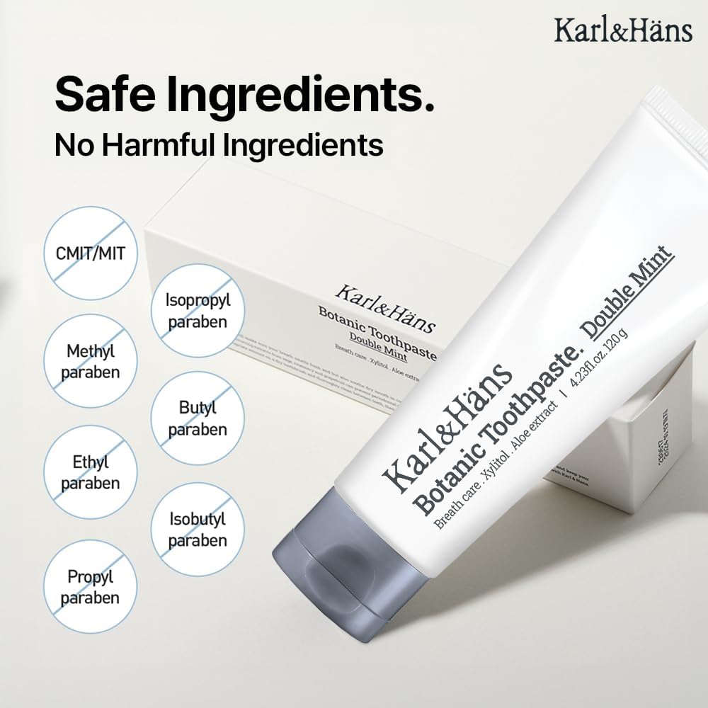 Karl&Hans Botanic Double Mint Toothpaste with Fluoride - Natural, Freshens Breath, Strengthens Enamel, Whitens Teeth, and Soothes Sensitive Teeth with Xylitol and Aloe Extracts, 4.23 oz
