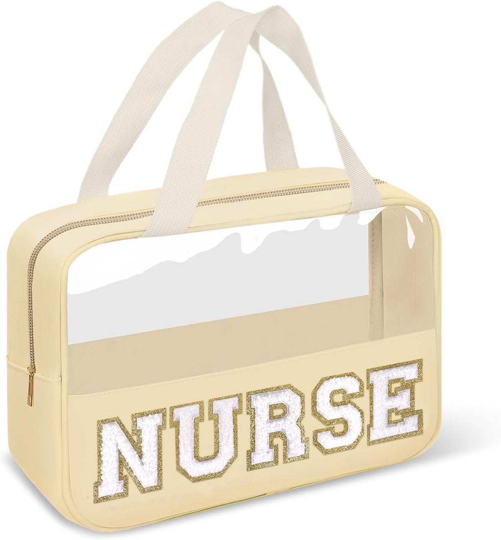 Nurses Week Gifts Chenille Letter Clear NURSE Makeup Bag for Women,Preppy Nurse Cosmetic Pouch Zipper with Handle Nurse Essentials Bag for Work Supplies,Labor and Delivery Nurse Gifts(NURSE-Beige)