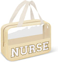 Nurses Week Gifts Chenille Letter Clear NURSE Makeup Bag for Women,Preppy Nurse Cosmetic Pouch Zipper with Handle Nurse Essentials Bag for Work Supplies,Labor and Delivery Nurse Gifts(NURSE-Beige)