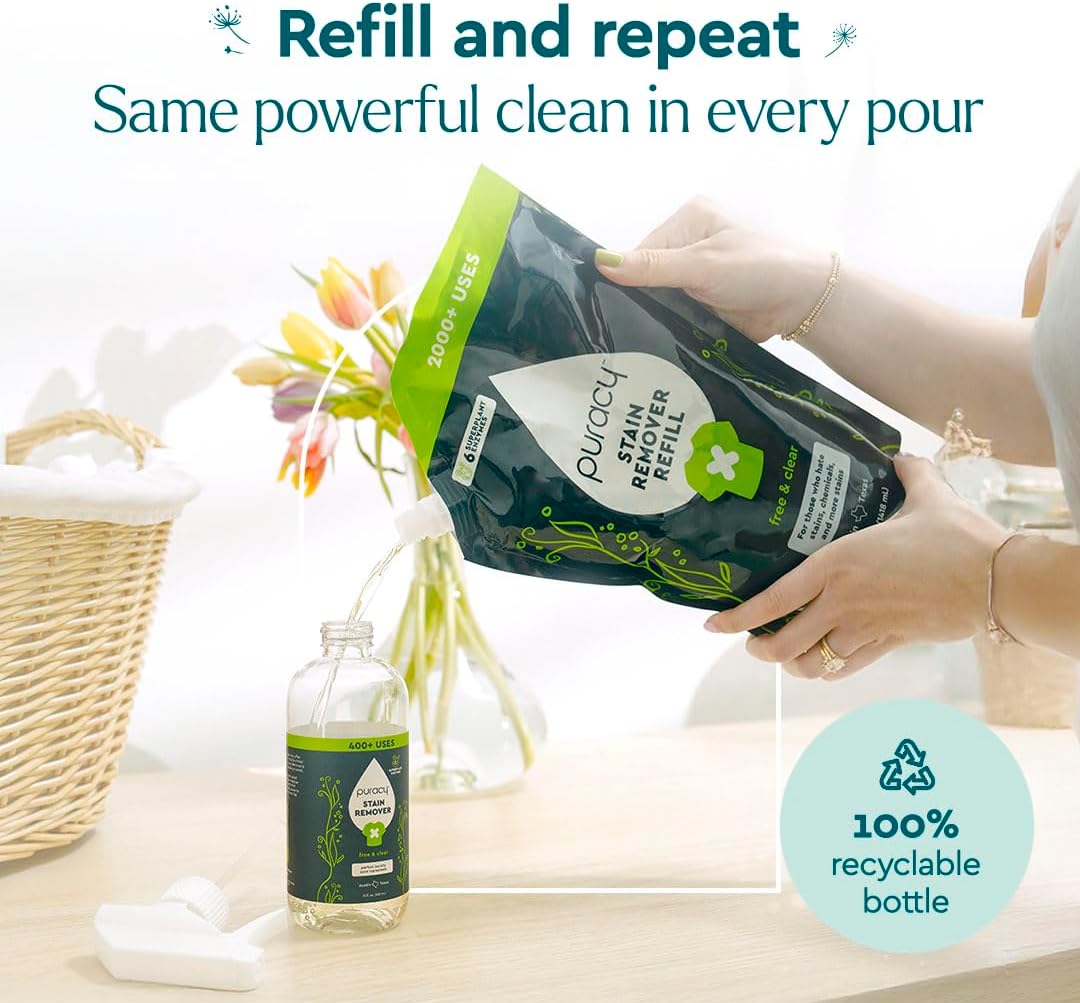Puracy Stain Remover, Natural Based Travel and Laundry Stain Cleaner for Clothes, Baby Essentials, Kids Stains, Oil and Fabric Spot Cleaner, Unscented (Stain Remover Spray and Refill, 64 fl oz)