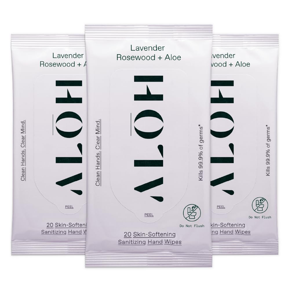ALOH Antibacterial Wipes – Lavender & Rosewood Sanitizing Hand Wipes - Clean Hands, Clear Minds - On The Go Hand Sanitizer Wipes for Kids and Adults - Travel Size 3 Pack, 20ct Wipes (60 wipes)
