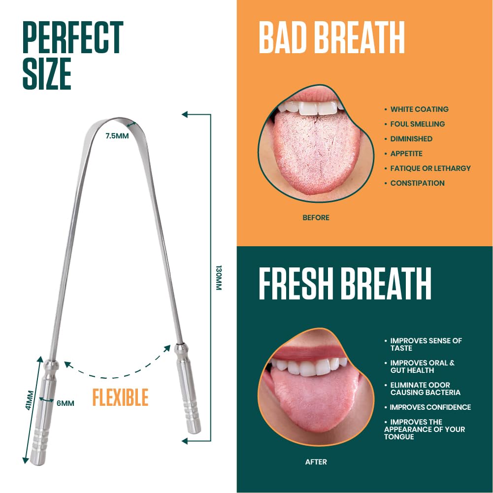 Dalip Tongue Scraper for Adults with Ergonomic Non-Slip Handle, Stainless Steel Tongue Cleaner, Reduces Bad Breath, Easy to Use Oral Care & Hygiene Tongue Scrubber (Pack of 2)