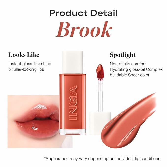 INGA Water Glow Lip Tint | Hydrating, Glossy Korean Lip Tint with Sheer Color & Glass-Like Shine | Long-Lasting, Non-Sticky Korean Lip Stain (BROOK)