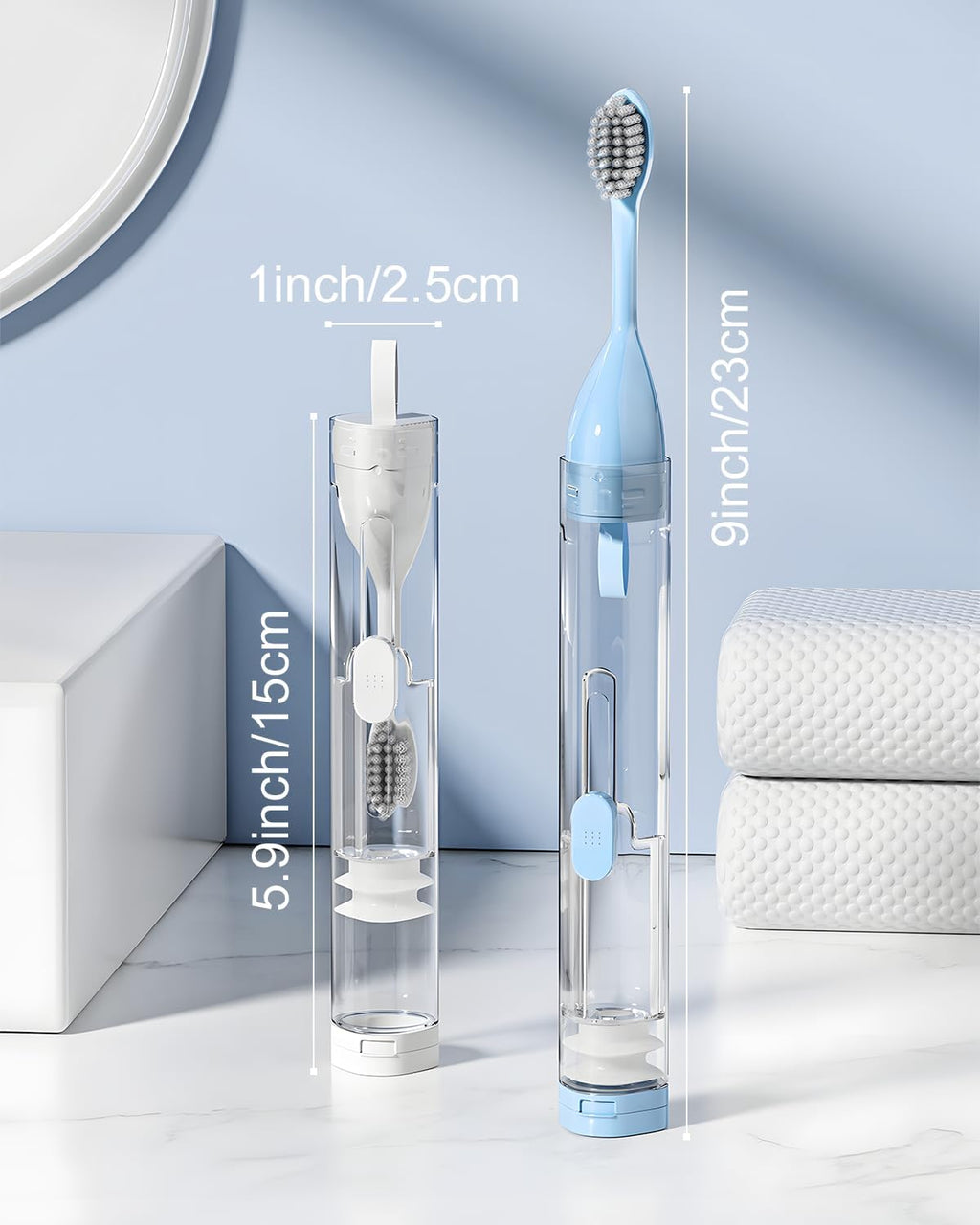 2 Pcs Travel Toothbrush Kit Fold Built-in Toothbrushes Set, Soft Bristles for Travel Camping School Business Trip (Blue, White)