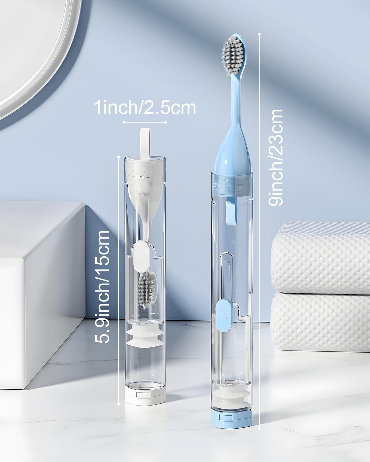 2 Pcs Travel Toothbrush Kit Fold Built-in Toothbrushes Set, Soft Bristles for Travel Camping School Business Trip (Blue, White)