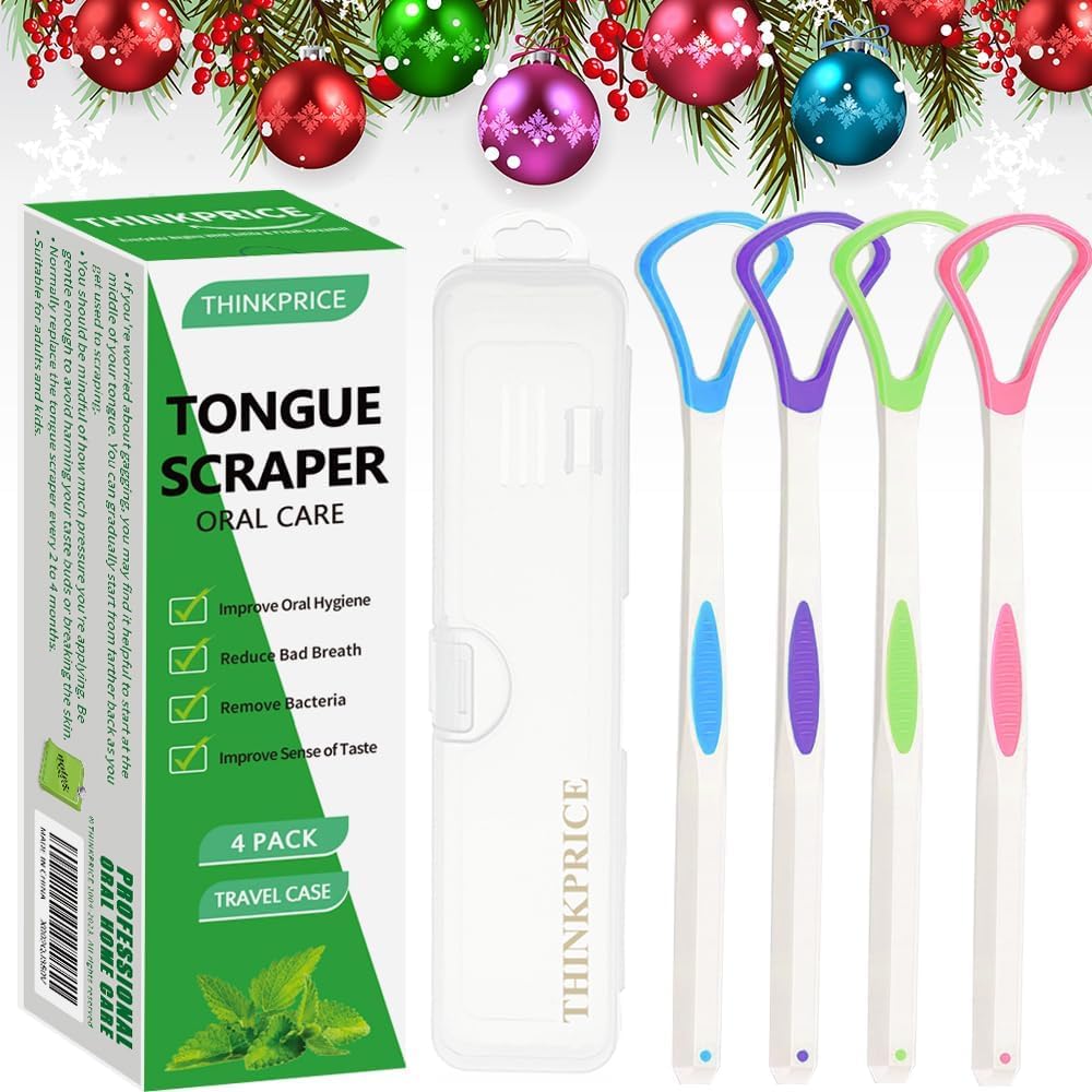 Tongue Scraper Cleaner 100% BPA Free Tongue Scrapers with Travel Handy Case for Adults, Kids, Healthy Oral Care, Easy to Use, Help Fight Bad Breath (4 PACK)