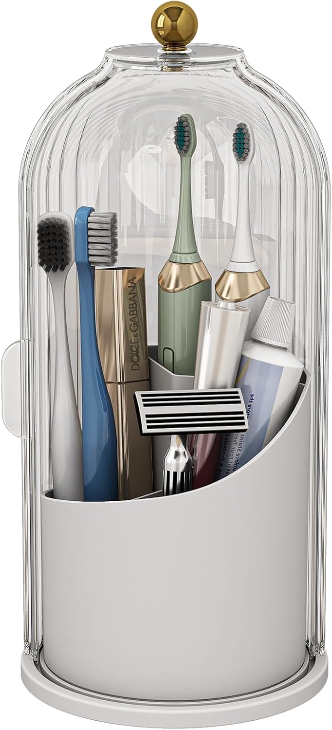 Dustproof Toothbrush Holders with Cover, Rotating Electric Toothbrush and Toothpaste Holder for Bathroom Countertop, 3 Slots Makeup Brushes Organizer, Transparent